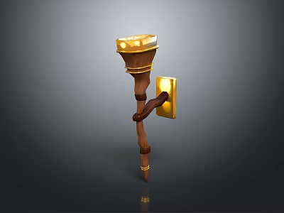 Golden Topped Wooden Handle Scepter With Decorative Design And Shiny Surface 3d model