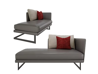 Modern Gray Leather Chaise Lounge With Red And Beige Pillows And Metal Legs 3d model