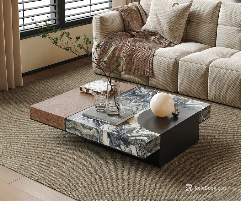 Modern Living Room Coffee Table Decorative Ornament Set with Vase Green Plant and White Sphere 3d model 