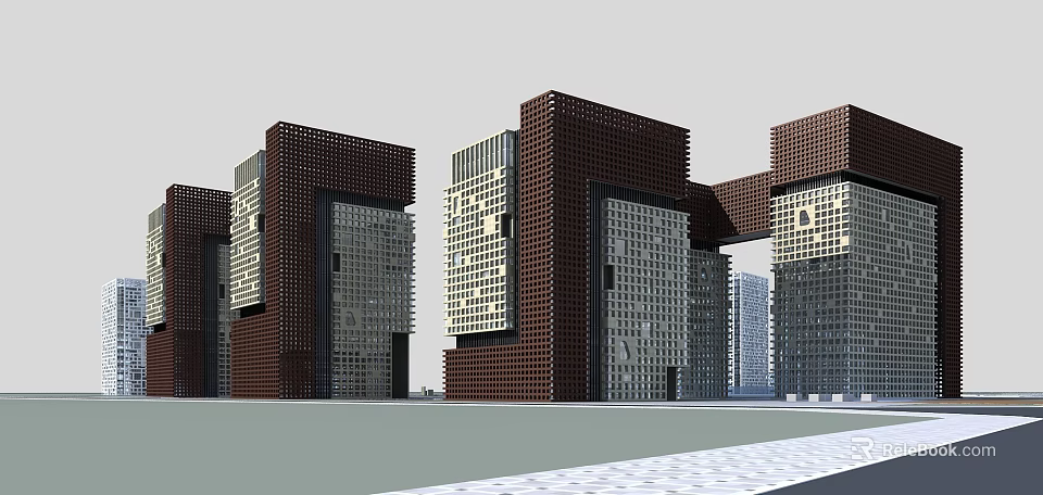 Modern Office Building Complex With Geometric Design And Brown White Facade 3d model