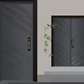 Modern Dark Double Doors With Geometric Pattern And Bamboo Plant In Interior 3d model
