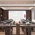 School Traditional Modern Combined Classroom With Long Wooden Desks Benches Large Screen Hexagonal Paintings And Bookshelves