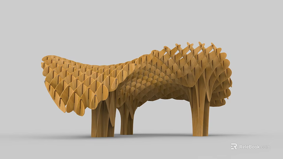 Wooden Pergola With Intricate Wavy Geometric Canopy And Sturdy Supporting Columns Design 3d model 
