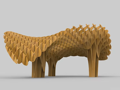 Wooden Pergola With Intricate Wavy Geometric Canopy And Sturdy Supporting Columns Design 3d model