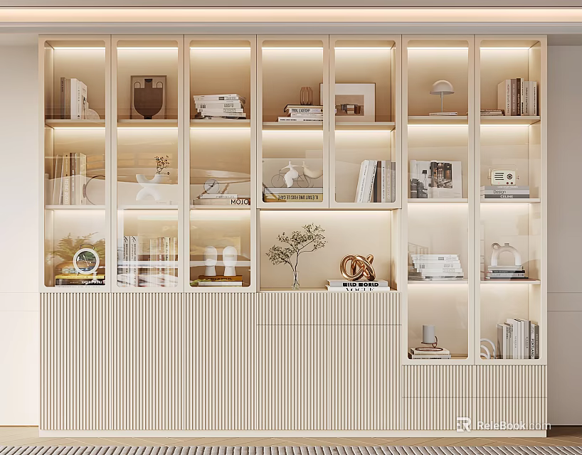 Modern Light Wood Bookcase With Open Shelves Lighting Books And Decorative Items 3d model 