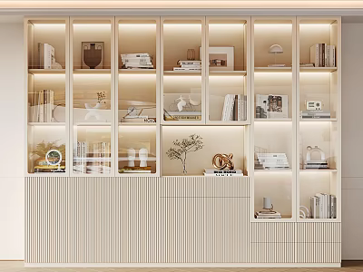 Modern Light Wood Bookcase With Open Shelves Lighting Books And Decorative Items 3d model
