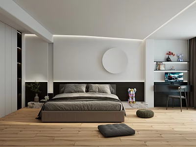 Modern Bedroom Interior With Round Mirror Wooden Floor And Gray Poufs 3d model