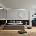 Modern Bedroom Interior With Round Mirror Wooden Floor And Gray Poufs