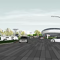 Modern Urban Public Space Featuring Curved Walkways Greenery Trees And Seating Areas