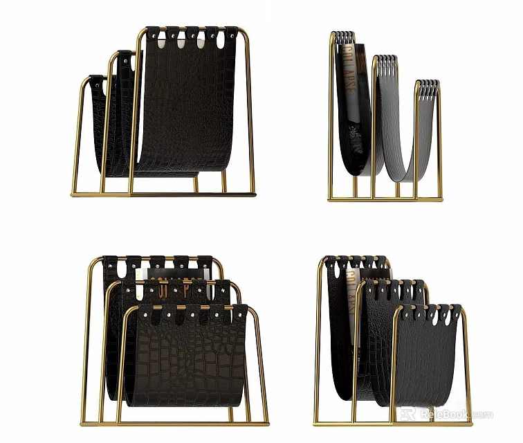 Modern Stylish Bookcase With Gold Metal Frame And Black Open Shelves 3d model 