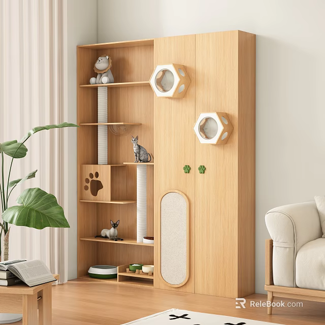 Wooden Pet Cabinet With Cat Scratching Post Hexagonal Bed And Supplies Storage 3d model 