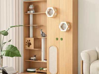 Wooden Pet Cabinet With Cat Scratching Post Hexagonal Bed And Supplies Storage 3d model