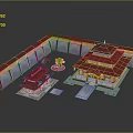 Cartoon Scene Of Traditional Chinese Buildings With Red Roofs Courtyard And Surrounding Walls