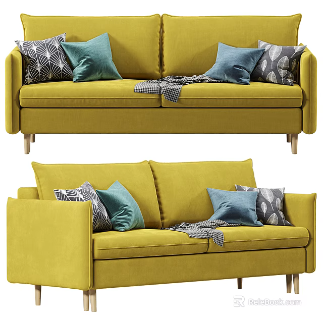 Stylish Yellow Two Seater Sofa With Blue And Patterned Cushions And Gray Throw Blanket 3d model