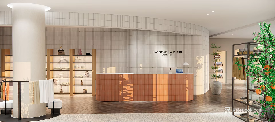 Modern Reception Area Interior With Wooden Desk Tiled Curved Wall Shelves And Potted Plant 3d model 