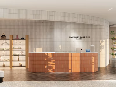 Modern Reception Area Interior With Wooden Desk Tiled Curved Wall Shelves And Potted Plant 3d model