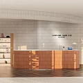Modern Reception Area Interior With Wooden Desk Tiled Curved Wall Shelves And Potted Plant