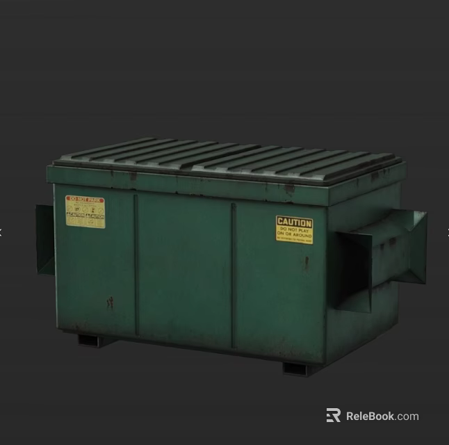 Green Metal Public Trash Bin With Lid And Warning Labels For Waste Disposal 3d model 