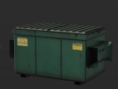 Green Metal Public Trash Bin With Lid And Warning Labels For Waste Disposal 3d model