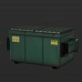 Green Metal Public Trash Bin With Lid And Warning Labels For Waste Disposal
