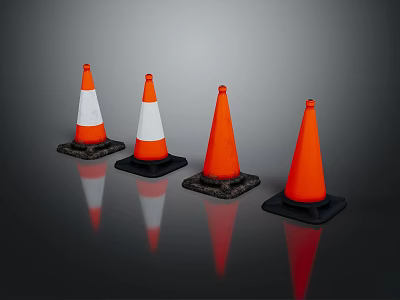 Orange Traffic Cones With White Stripes And Black Bases On Reflective Surface 3d model