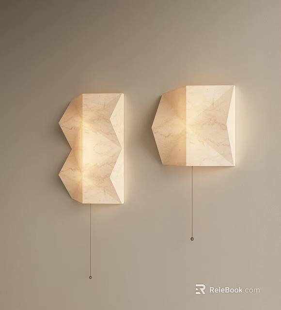 Geometric Wall Sconces with Marble Texture Mounted on Light Colored Wall and Soft Lighting Illumination 3d model