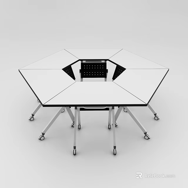 Hexagonal Conference Table With White Top Black Center Panel And Metal Legs With Wheels 3d model 
