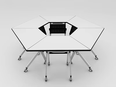 Hexagonal Conference Table With White Top Black Center Panel And Metal Legs With Wheels 3d model