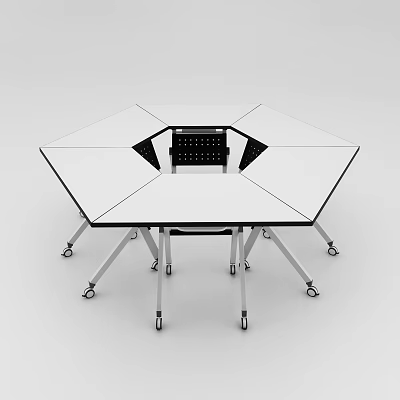 Hexagonal Conference Table With White Top Black Center Panel And Metal Legs With Wheels 3d model