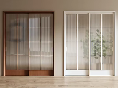 Brown and White Sliding Doors with Glass Panes in Modern Interior Space 3d model