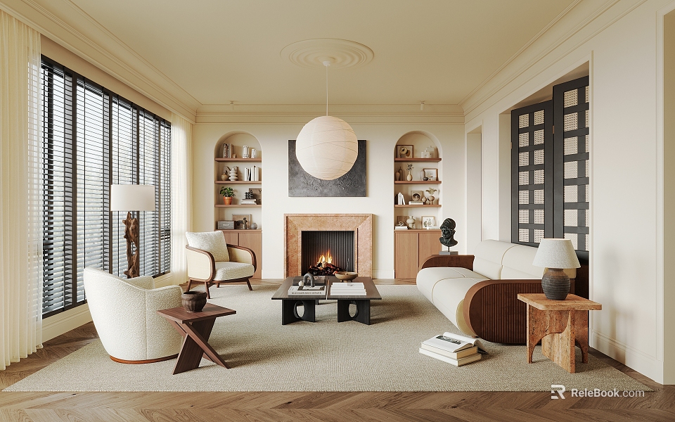 Modern Living Room Interior With Fireplace Round Pendant Light And Wooden Furniture 3d model 