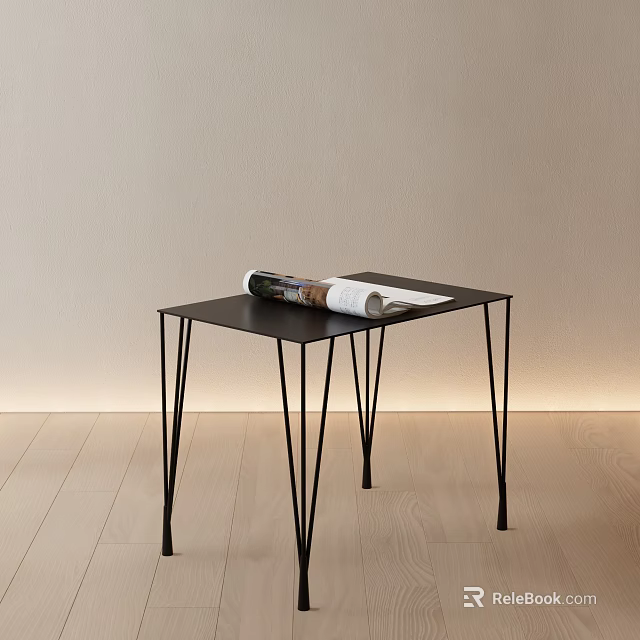 Modern Black Side Table With Slim Legs And Magazine On Light Wall Wooden Floor 3d model 