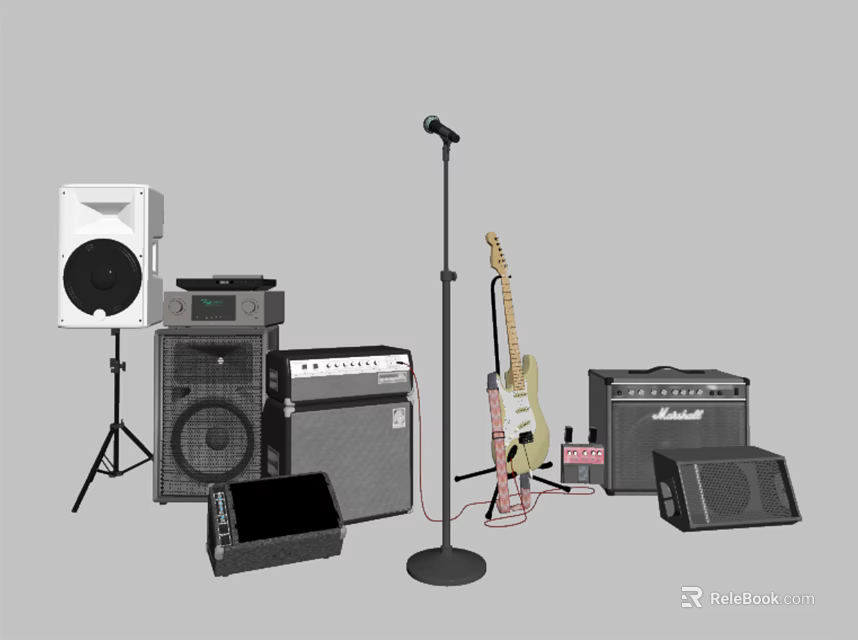 Professional Headphones and Speakers Setup with Microphone Stand and Electric Guitar 3d model 