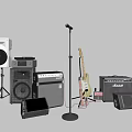 Professional Headphones and Speakers Setup with Microphone Stand and Electric Guitar