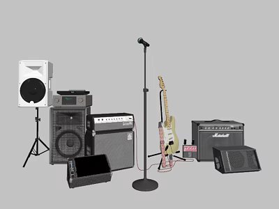 Professional Headphones and Speakers Setup with Microphone Stand and Electric Guitar 3d model