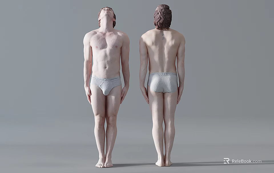 Two Shirtless Male Figures Standing In Front And Back Views With Underwear 3d model 