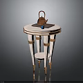 Elegant Round Side Table With White Gold Accents Tray Copper Teapot And Blue Cup