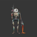 Sci Fi Robot Character With Skeleton Structure White Dome Head Gun Mechanical Parts And Orange Energy Effects