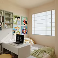 Bright Kids Room Interior Design With Desk Chair Bed Colorful Posters Shelf And Ceiling Light