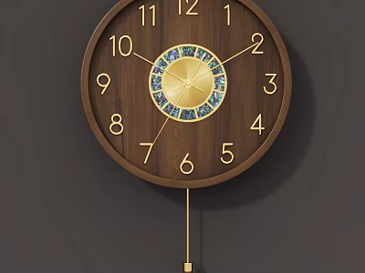 Round Wooden Frame Clock With Decorative Center Design Numerical Dials And Pendulum 3d model