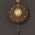 Round Wooden Frame Clock With Decorative Center Design Numerical Dials And Pendulum 3d model