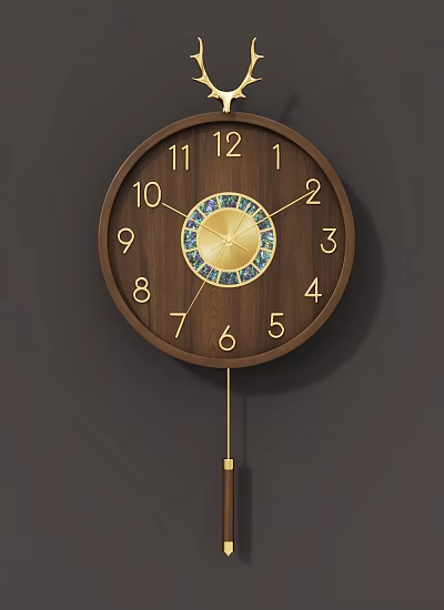 Round Wooden Frame Clock With Decorative Center Design Numerical Dials And Pendulum 3d model