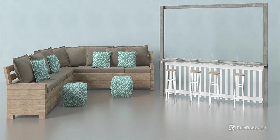 Brown Outdoor Sofa With Turquoise Cushions And Matching Ottomans Next To White Bar Counter And Stools 3d model 