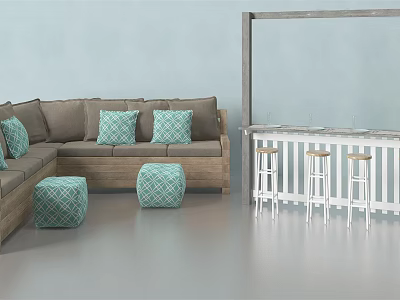 Brown Outdoor Sofa With Turquoise Cushions And Matching Ottomans Next To White Bar Counter And Stools 3d model