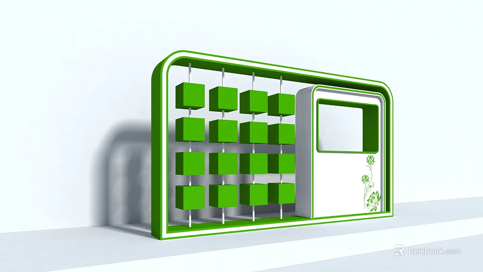 Green Modern Display Stand With Multiple Square Cubes And Side Compartment Design 3d model