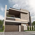 Modern Single Family Villa Exterior Design With Stone Wood Facade Balcony And Trees