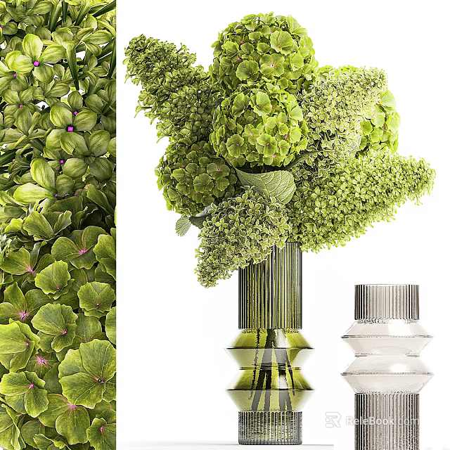 Green Hydrangea Flower Arrangement In Decorative Glass Vases With Unique Striped Design 3d model 