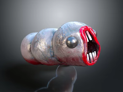 Giant Gray Segmented Creature With Big Round Eye Open Mouth And Sharp White Teeth 3d model