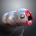 Giant Gray Segmented Creature With Big Round Eye Open Mouth And Sharp White Teeth