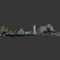 Colorful Plaza Model Featuring Central Fountain Surrounding Buildings And Greenery